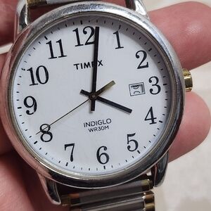 TIMEX MEN’S INDIGLO WR30M WATCH SILVER GOLD TWO TONE STRETCH BAND NEEDS BATTERY